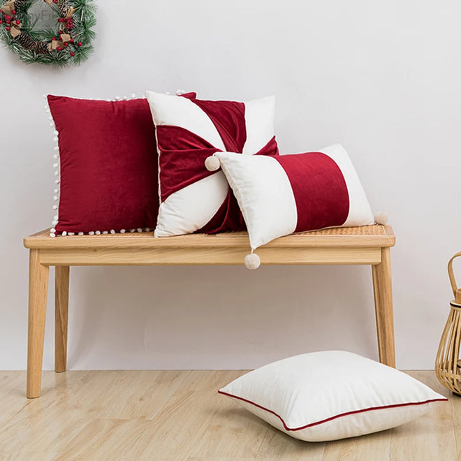 Classical Cushion Soft Christmas Velvet Covers Red White Pompom Ball Gift Present Pillowcase Living Room Bed Room Sofa Couch Bed