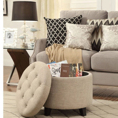 Upholstered Tufted Storage Round Ottoman Footstool, Burlap Beige - The Finishing Touch Decor, LLC