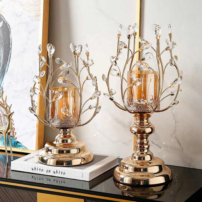 New-Classical Crystal Glass Shiny Metal Tall Tea Pillar Candle Holders - The Finishing Touch Decor, LLC
