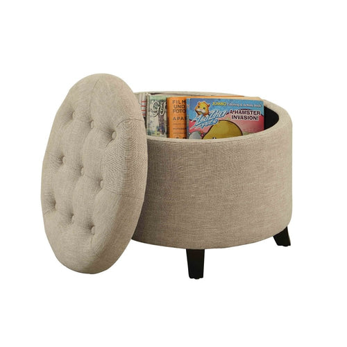 Upholstered Tufted Storage Round Ottoman Footstool, Burlap Beige - The Finishing Touch Decor, LLC