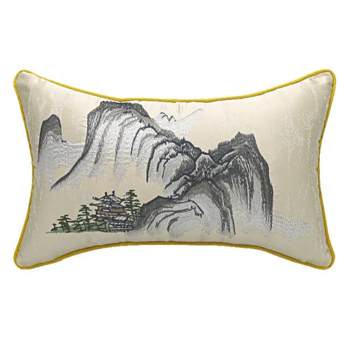 GUVINCI Chinoiserie Lumbar Pillow Cover Chinese Ancient Art Painting Landscape Mountains Embroidered Cushion Case For Couch Sofa