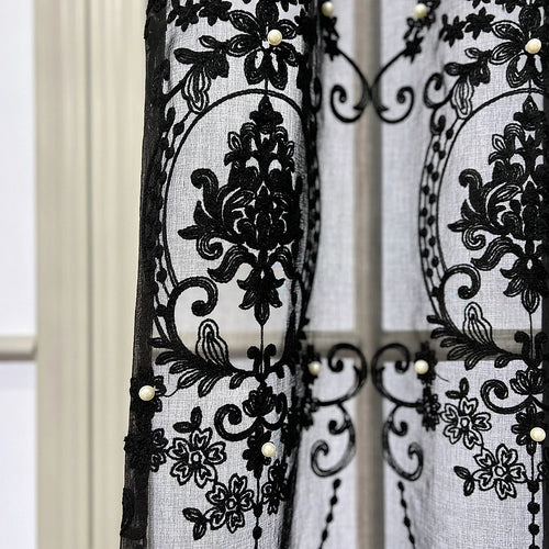 Lace Pearl French Embroidery Black Sheer Window Curtains - The Finishing Touch Decor, LLC