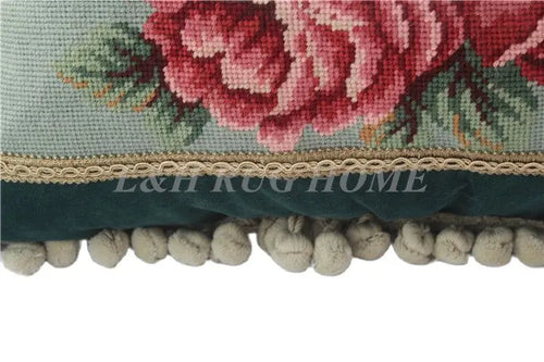 FREE SHIPPING 15K 20"x24" Needlepoint pillow, handknotted cushion with floral designs no insertion