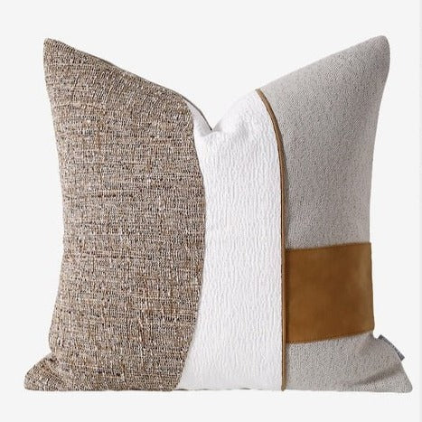 Brown & White Canvas Scandi Tan Leather Striped Throw Pillow Covers - The Finishing Touch Decor, LLC