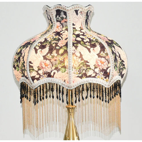 Retro Swan Chinoiserie Print Beaded Tassel Lampshade - The Finishing Touch Decor, LLC