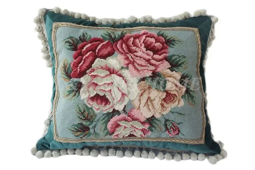 FREE SHIPPING 15K 20"x24" Needlepoint pillow, handknotted cushion with floral designs no insertion