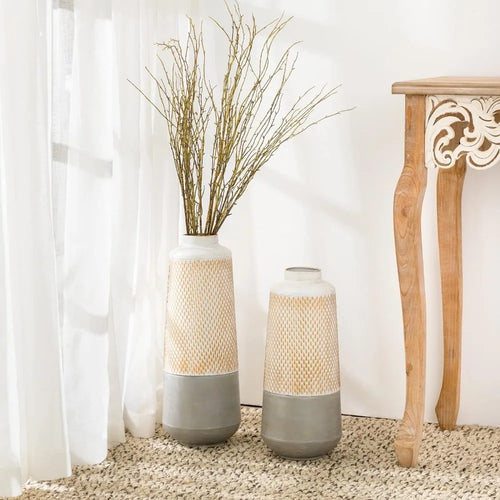 Metal Set of 2 Large Textured Farmhouse Floor Vases - The Finishing Touch Decor, LLC