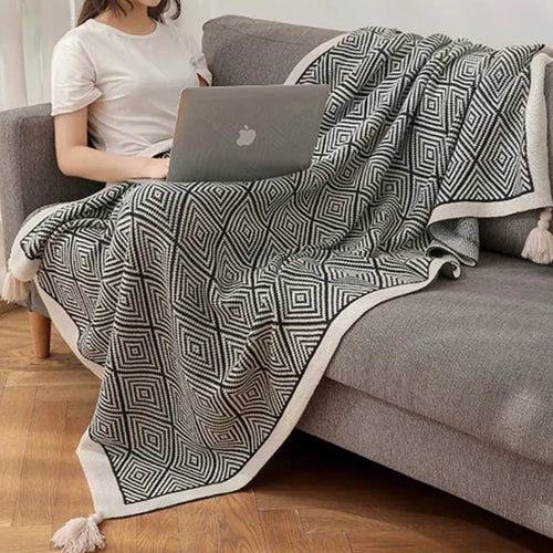 Tasseled Nordic Style Geometric Print Sofa Throw Blanket - The Finishing Touch Decor, LLC