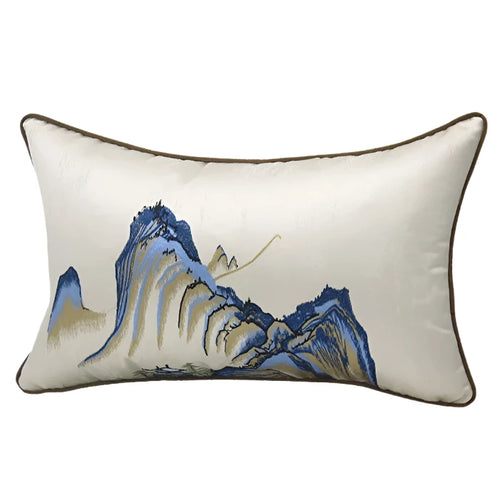 GUVINCI Chinoiserie Lumbar Pillow Cover Chinese Ancient Art Painting Landscape Mountains Embroidered Cushion Case For Couch Sofa