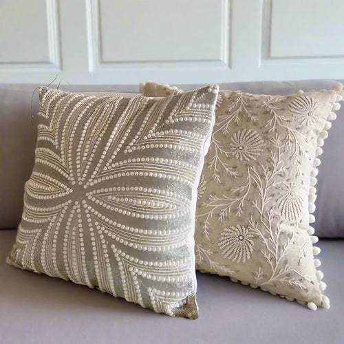 Hand-Stitched Beaded Beige Throw Pillow Covers - The Finishing Touch Decor, LLC