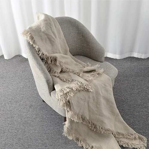 Natural Flax Real Linen Lightweight French Fringe Throw Blanket - The Finishing Touch Decor, LLC