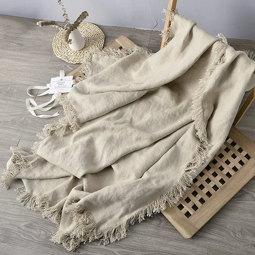 Natural Flax Real Linen Lightweight French Fringe Throw Blanket - The Finishing Touch Decor, LLC