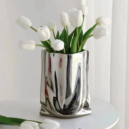 Silver Ruffled Ceramic Porcelain Flower Vase - The Finishing Touch Decor, LLC