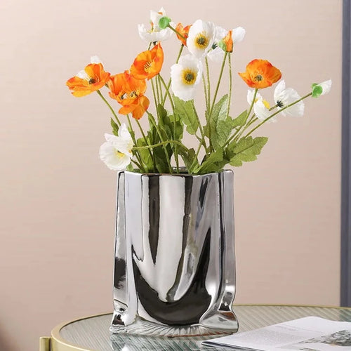 Silver Ruffled Ceramic Porcelain Flower Vase - The Finishing Touch Decor, LLC