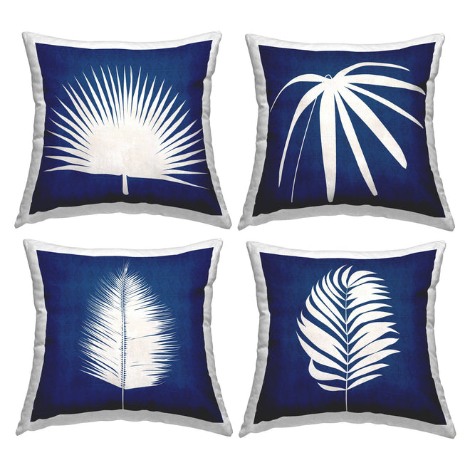 Navy Blue White Botanical Leaf Print 4pc Full Throw Pillows - 18x18" - The Finishing Touch Decor, LLC