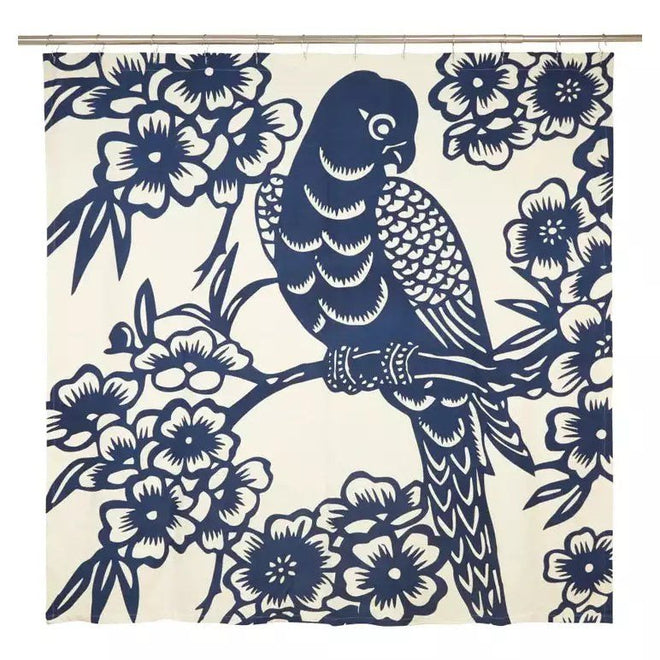 Heavy Textured Cotton Screen-Printed Blue Bird Floral Shower Curtain - The Finishing Touch Decor, LLC