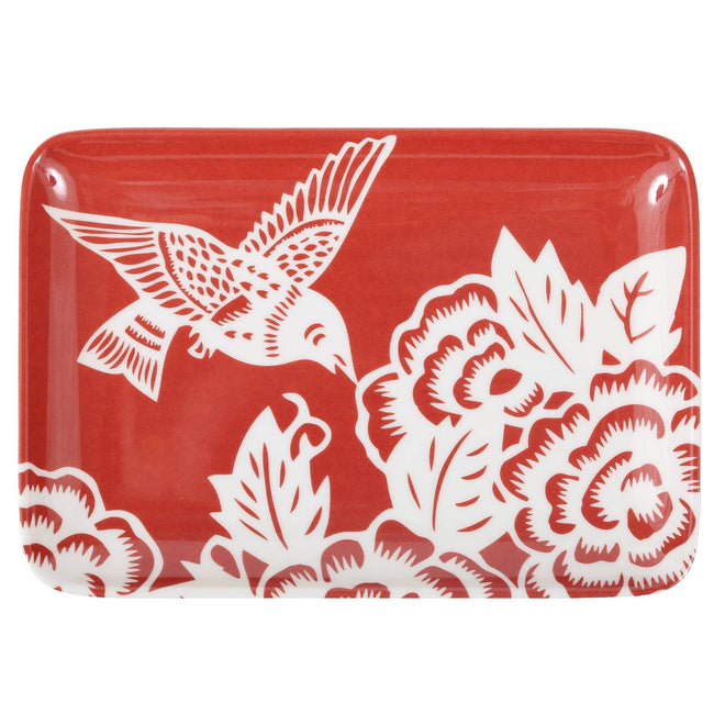 Red and White Aviary Hummingbird Print Soap Dish Tray - The Finishing Touch Decor, LLC