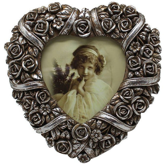 Antique Heart-shaped Rose Silver Resin Picture Frame - The Finishing Touch Decor, LLC
