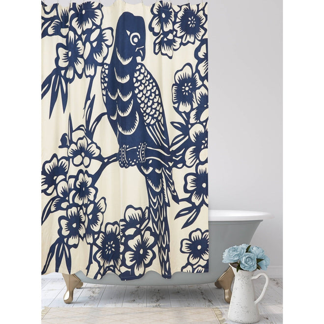 Heavy Textured Cotton Screen-Printed Blue Bird Floral Shower Curtain - The Finishing Touch Decor, LLC