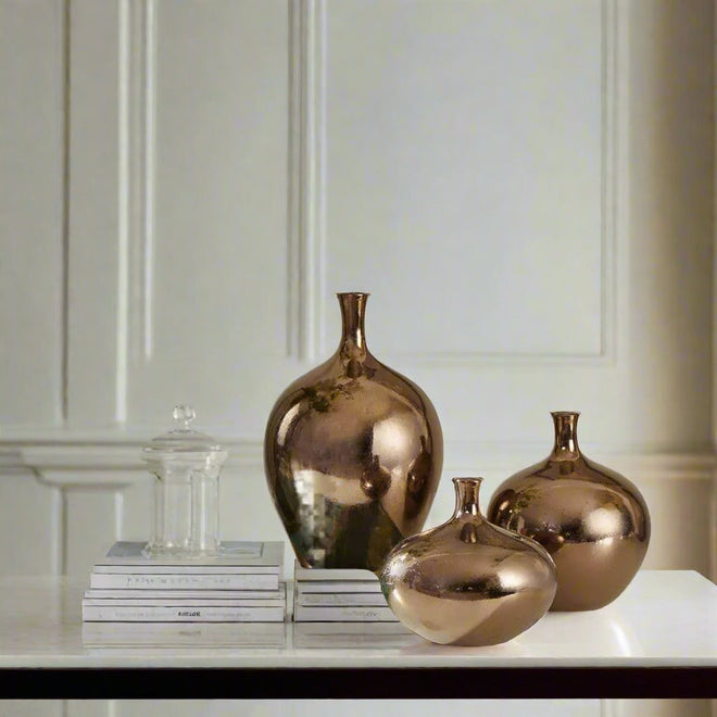 Modern Luxury Handmade Metallic Bronze Ceramic Vases - Set of 3 - The Finishing Touch Decor, LLC