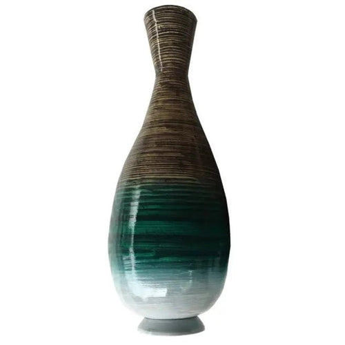 Tall 2 ft Distressed Shiny Aqua Spun Bamboo Artisan Large Floor Vase 28" - The Finishing Touch Decor, LLC