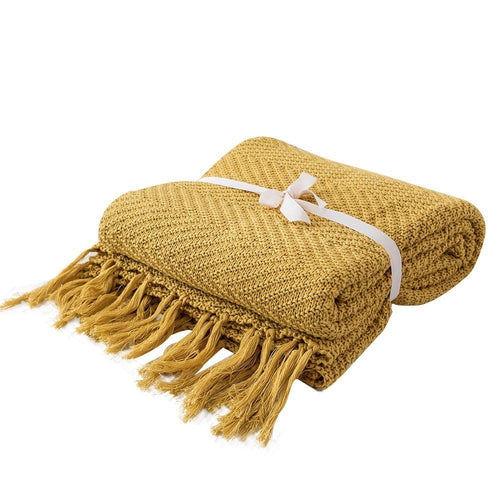 Saffron Yellow Knit Large Throw Blanket with Tassels - The Finishing Touch Decor, LLC