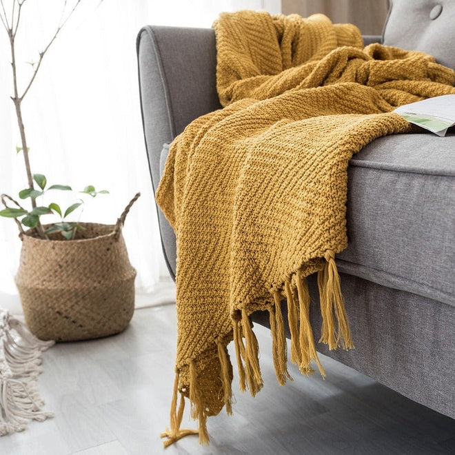 Saffron Yellow Knit Large Throw Blanket with Tassels - The Finishing Touch Decor