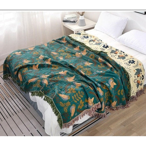 Colorful Bird Motif Cotton Muslin Gauze Fringed Bedspread - The Finishing Touch Decor, LLC