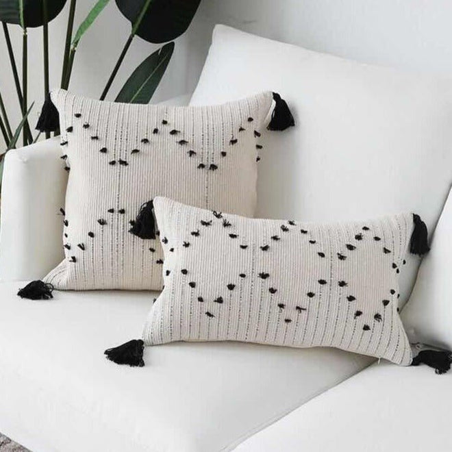 Moroccan Woven White & Black Geometric Tassels Throw Pillow Covers - Sz Variety - The Finishing Touch Decor, LLC