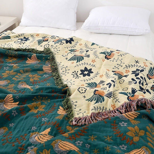 Colorful Bird Motif Cotton Muslin Gauze Fringed Bedspread - The Finishing Touch Decor, LLC