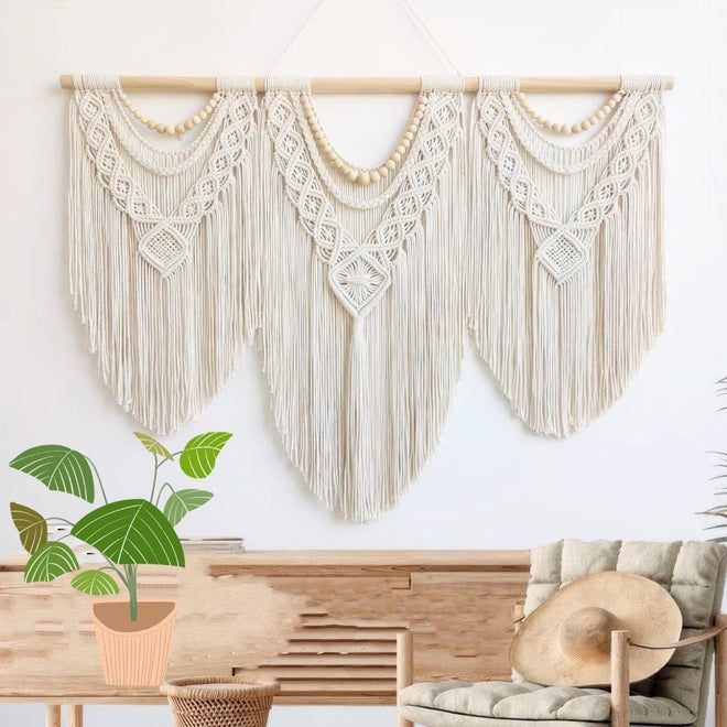 Macrame Handwoven Bohemian Cotton Rope Boho Tapestry Wall Art - Includes Stick