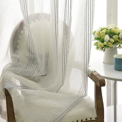 White & Grey Yarn Striped Sheer Cotton Linen Curtains - The Finishing Touch Decor, LLC