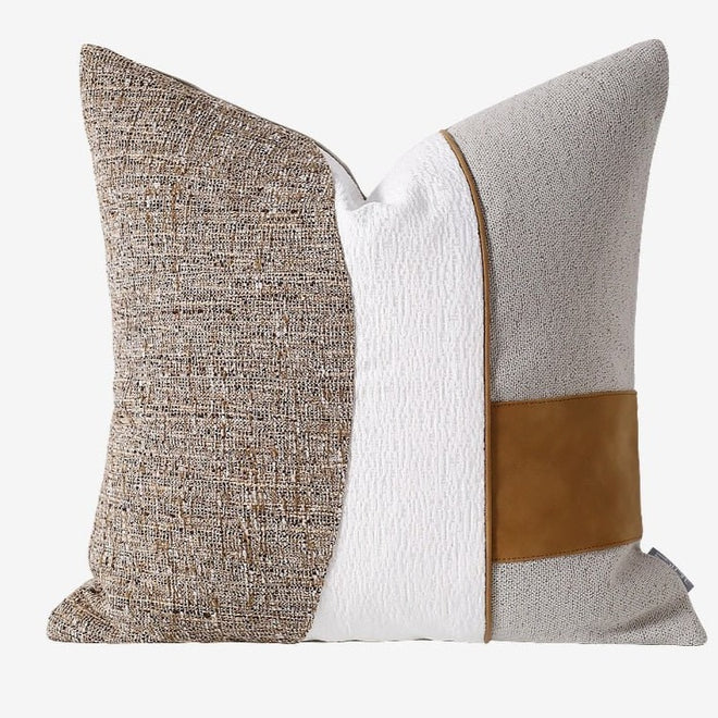 Brown & White Canvas Scandi Tan Leather Striped Throw Pillow Covers - The Finishing Touch Decor