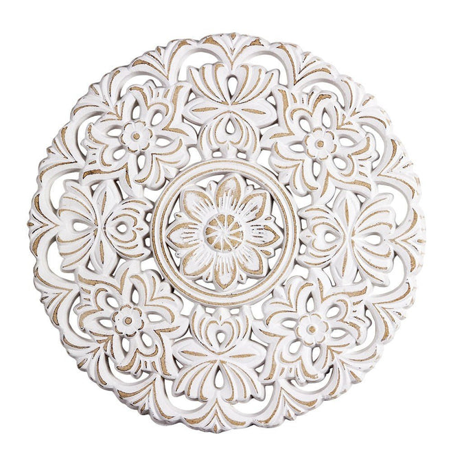 Distressed Mandala Medallion Carved Wood White Flower Rustic Wall Art