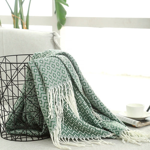 Green Tasseled Geometric Printed Knit Throw Blanket - The Finishing Touch Decor, LLC