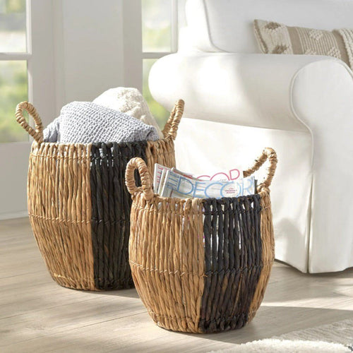 Handmade Woven Natural and Black Water Hyacinth Straw Baskets, Set of 2 Storage Laundry Basket - The Finishing Touch Decor, LLC