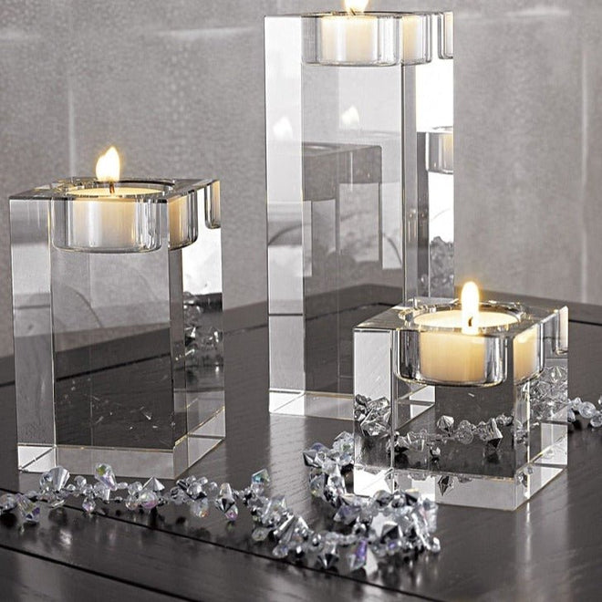 Crystal Clear Solid Glass Romantic Square Cube Candle Holder - 1 or 3pcs - The Finishing Touch Decor, LLC