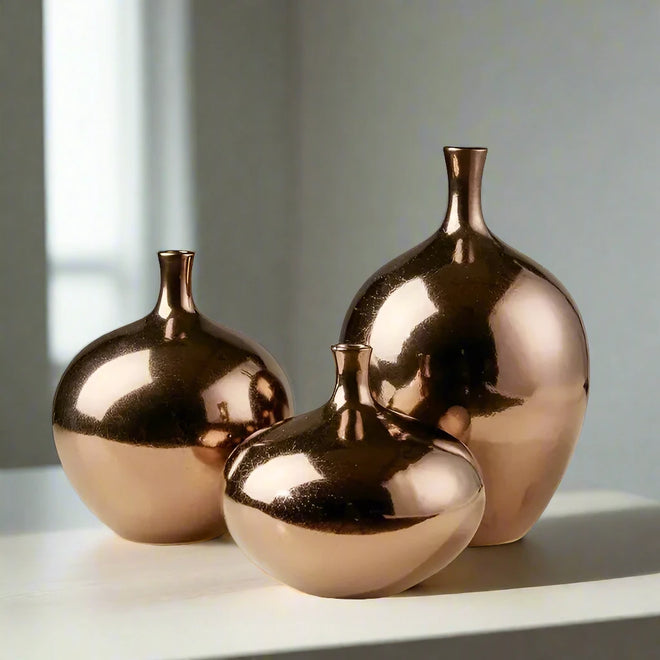 Modern Luxury Handmade Metallic Bronze Ceramic Vases - Set of 3 - The Finishing Touch Decor, LLC