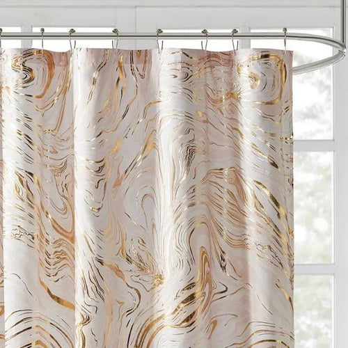 Marble Metallic Swirl Pattern Shower Curtain, Pink and Gold Microfiber - The Finishing Touch Decor, LLC