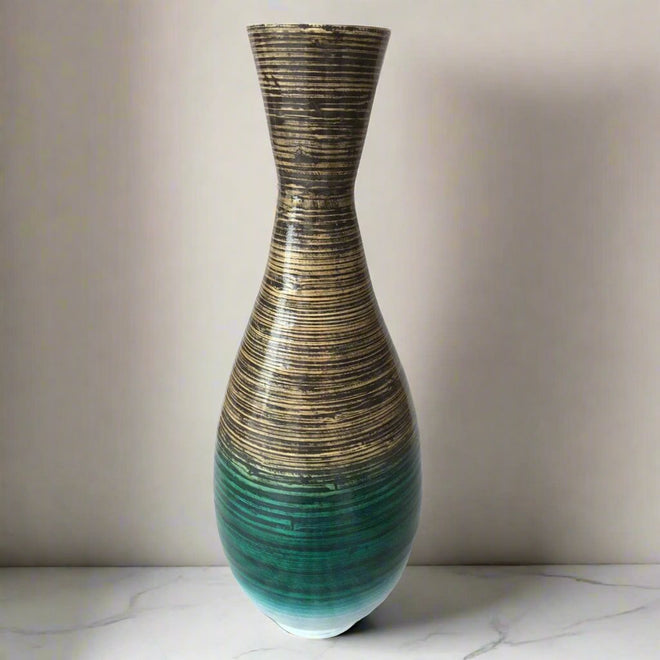 Tall 2 ft Distressed Shiny Aqua Spun Bamboo Artisan Large Floor Vase 28" - The Finishing Touch Decor, LLC